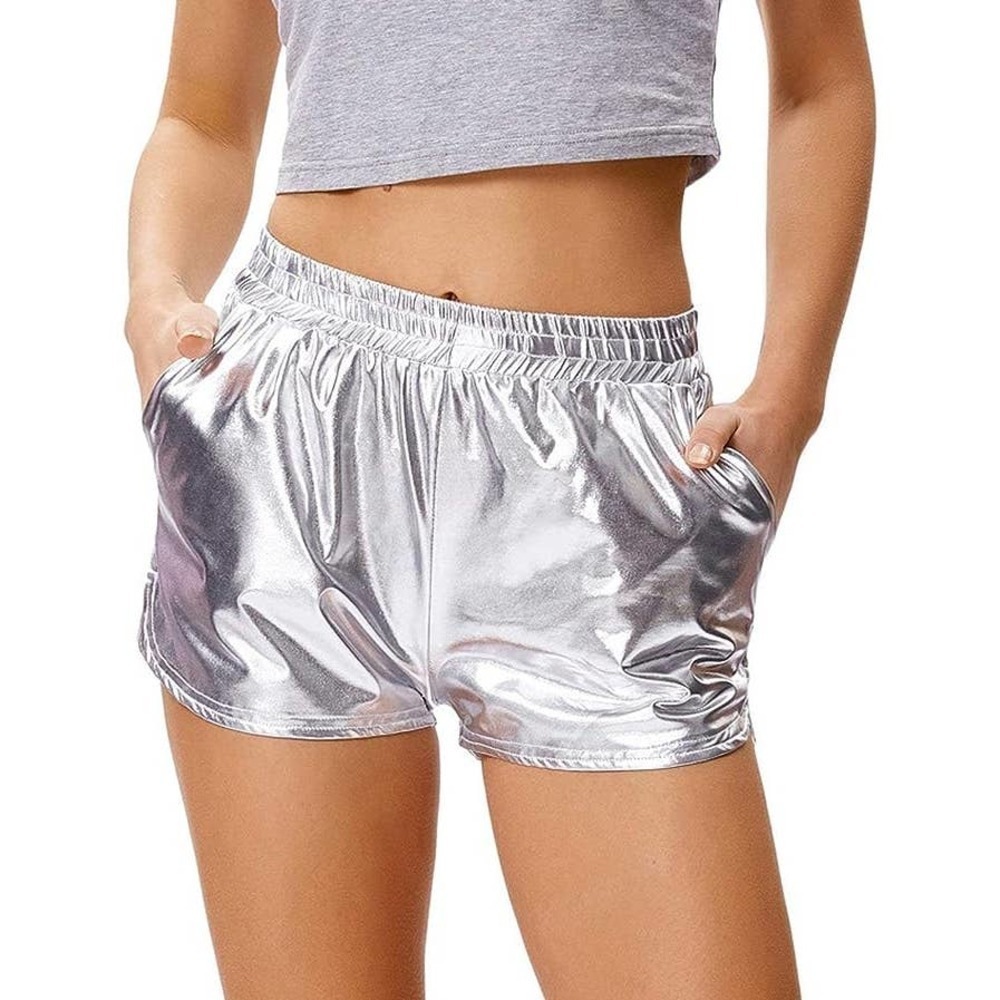 Kate Kasin Metallic Shorts Shiny Rave Pants Sparkly Yoga Hot Shorts NWOT M